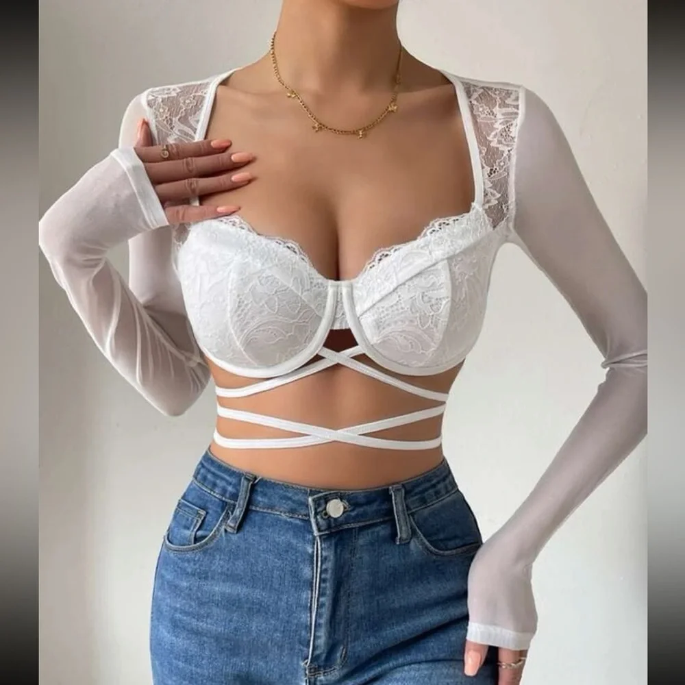 Boho lace crisscross tie back crop top